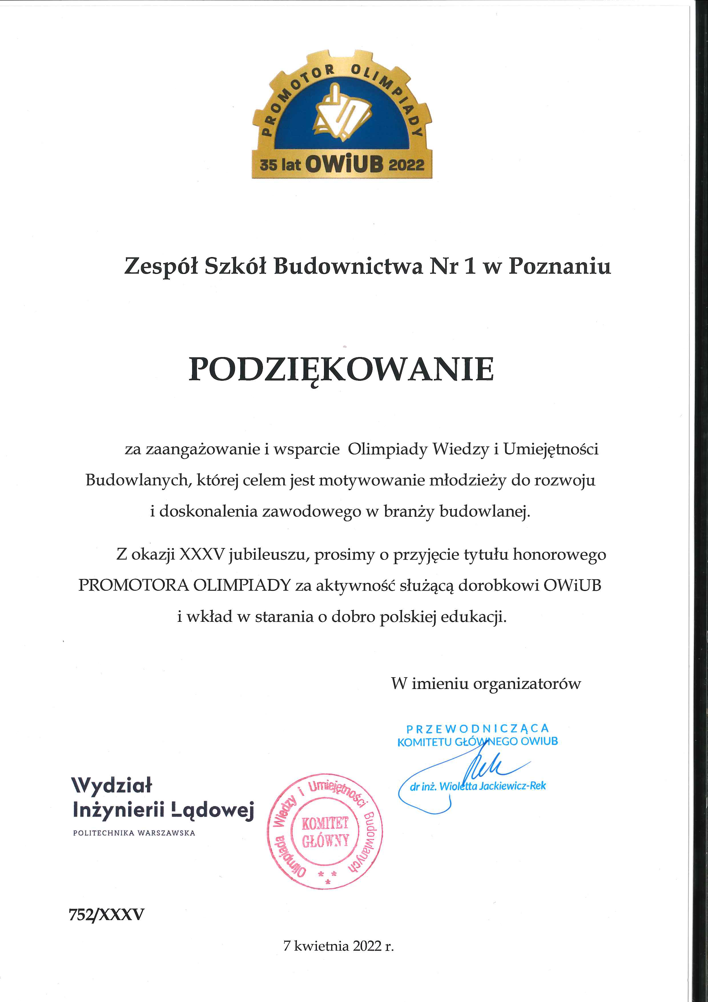 XXXV Olimpiada Wiedzy i Umiejętności Budowlanych w Opolu - Zespół Szkół Budownictwa Nr 1 w Poznaniu